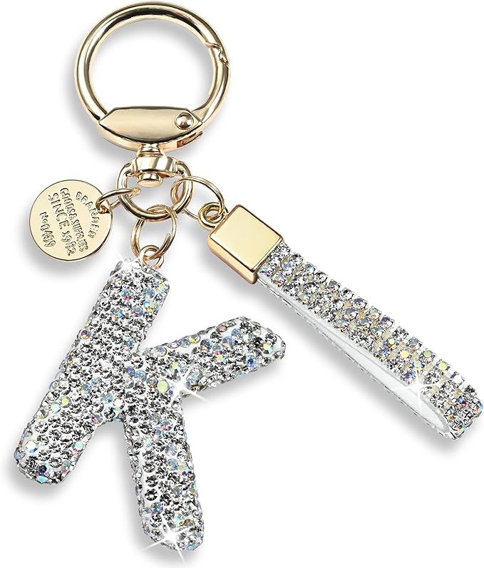 Pink Blue White Initial Letter Keychain Gift for Women Girls Bling Sparkly Cute Backpack Car Key Accessories Lanyard