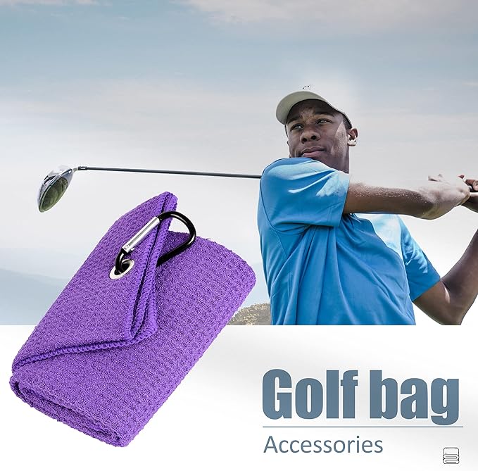 Mile High Life Tri-fold Golf Towel | 16" X 24" | Premium Microfiber Fabric | Waffle Pattern | with Heavy Duty Carabiner Clip | for Men and Women (Purple)