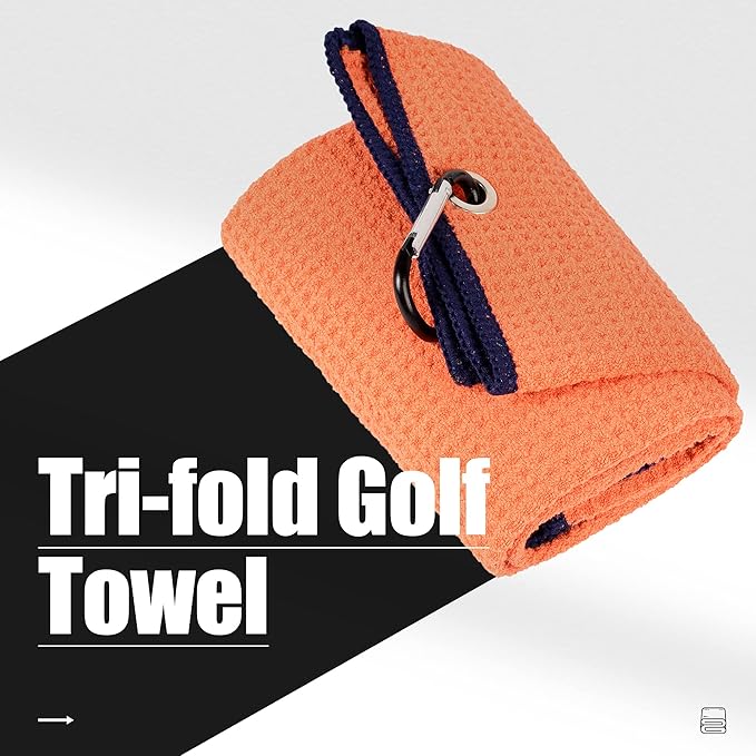 Mile High Life Tri-fold Golf Towel | Premium Microfiber Fabric | Waffle Pattern | with Heavy Duty Carabiner Clip | Golf Towel for Men and Women (2 Pack Orange)