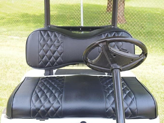 Huskey 4PCS Golf Cart Front Seat Covers for EZGO Medalist/TXT 94-13 Custom Two-Tone Black Diamond Stitching with Black Piping, Marine Grade Vinyl Material, Staple on Design