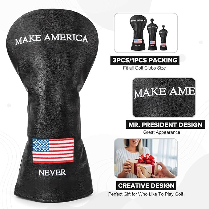 Golf Headcovers Golf Club Head Covers MAGA Style Elegant Embroidery Premium Leather Driver Fairway(FW) Wood Hybrid(UT) with Number Tags, 3 Wood Headcover Set