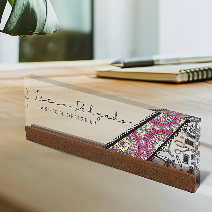Artblox Personalized Office Desk Name Plate and Business Card Holder | Clear Acrylic Glass with Teak Wood Stand | Fashion Design Customized with Your Name and Credentials Office Desk Décor