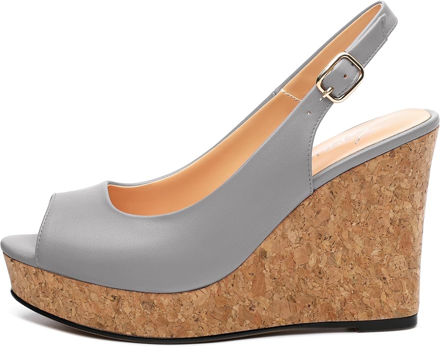 Womens Peep Toe Wedge Heels Matte Fashion Cork Slingback Pumps Platform Wedge Sandals 3.94 Inches