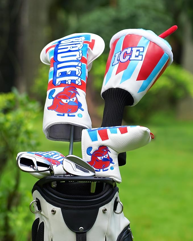 Big Teeth Driver Headcover Ice & Birdiee, Driver Covers for Golf Clubs, Funny Birdie Putter Cover,Milk Shake Ice Cream Mallet Putter Cover,Blue and Red Color