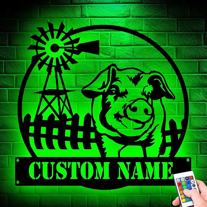 Custom Funny Pig Farmhouse Metal Sign, LED Lights Wall Art, Unique Home Decor for Kitchen or Living Room, gift for Animal Lovers, Handcrafted Hanging Decoration