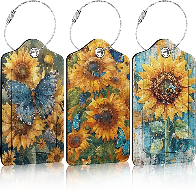 3 Pack Vintage Sunflowers Butterfly Luggage Tags for Suitcase PU Leather Travel Luggage Tag Privacy Cover ID Label for Women Men Baggage Backpack Handbag School Bag