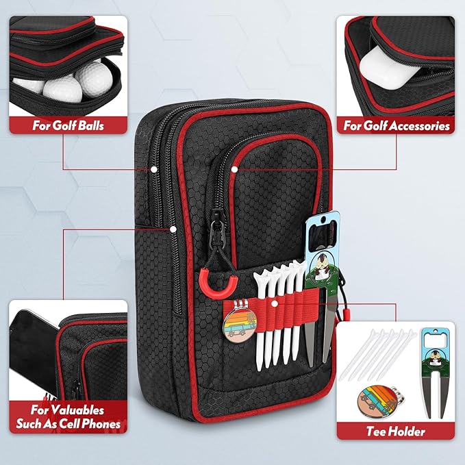 mytag Golf Ball Bag Pouch | Store 12-15 Balls, Golf Valuables Pouch Portable Outfit Organizer Bag Organizer Case Multipocket (Red/Black)