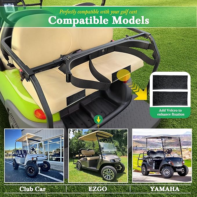 Upgrade Golf Cart Bag Holder Bracket, Adjustable Golf Cart Bag Bracket for 2+2 Rear Seat with 1 Inch Square Tube, No Drilling Golf Bag Holder Attachment for Club Car EZGO Yamaha, Include Nylon Strap
