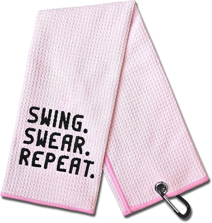 DYJYBMY Swing Swear Repeat Funny Pink Golf Towel with Clip, Fit for Men, Dad, Boyfriend, Birthday Gift for Golf Fan, Funny Golfer