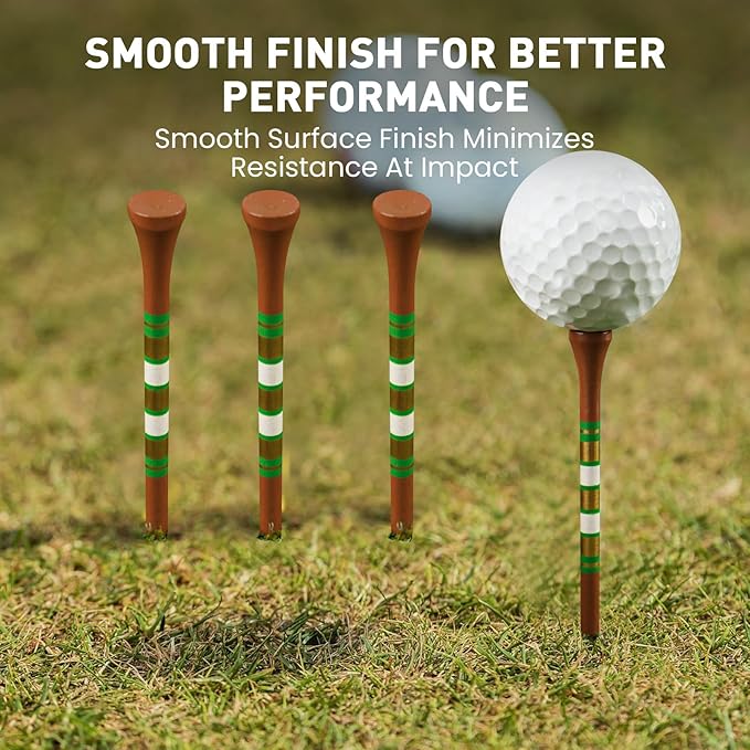 FINGER TEN Golf Tees Wood 3 1/4 2 3/4 Inch Value 50/120 Count, Durable Tees with Bright Colored Stripes for Consistent Height, 70mm 83mm Long Tees Ideal for Golfers