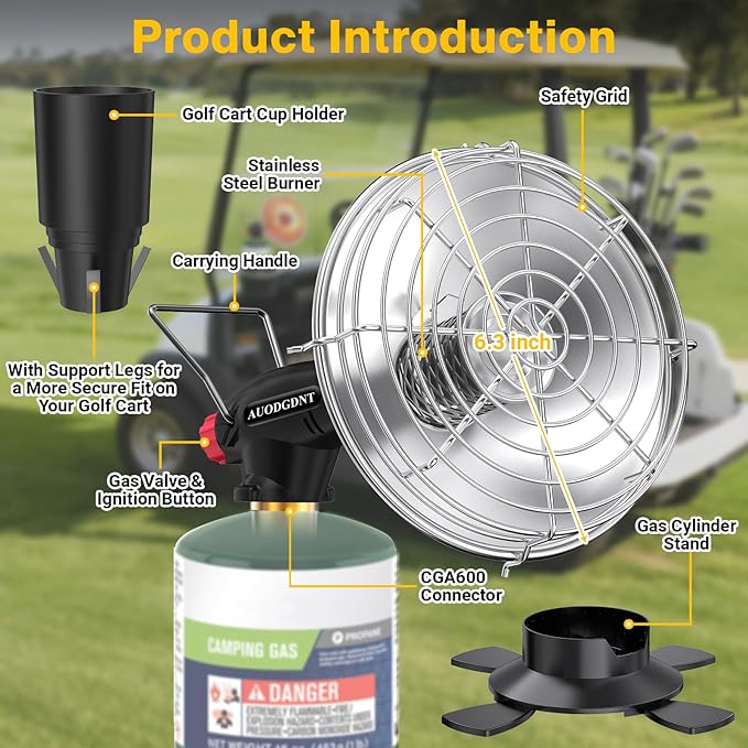 Golf Cart Heater,9200BTU Outdoor Propane Heater with 2-in-1 Golf Cart Cup Holder & Foldable Cylinder Holder for EZGO Yamaha Club Car,Most Golf Carts-Fuel Cylinder not included