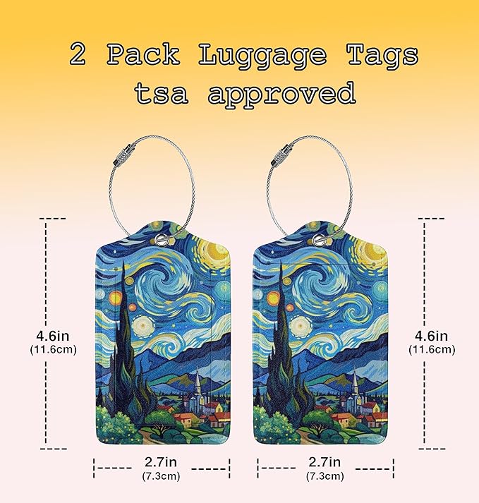TSA Approved Luggage Tags for Suitcases Cartoon Van Gogh Starry Night 2 Pack Funny Leather Carnival Cruise Airport Cute Travel Name Tags Golf Bag tag Ships Privacy Cover ID Label for Women Men
