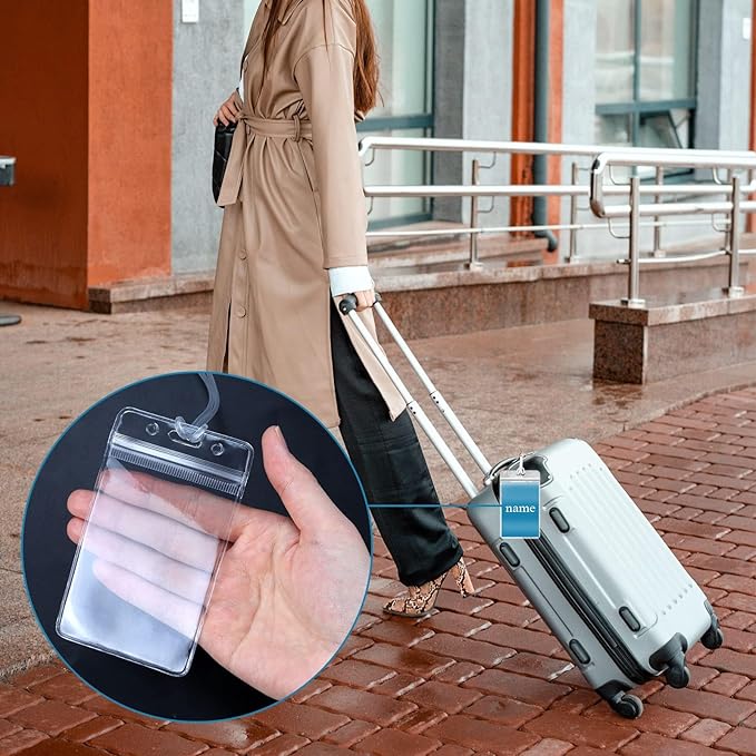 50 Pieces Plastic Holders for Luggage Tags, Badge Labels, and ID Cards with 50 Pack Luggage Tag Loop Straps for Office, Business, and Travel Supplies