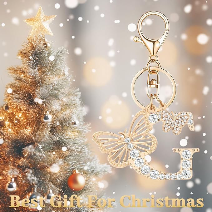 Gold Plated Alphabet Initial Letter Keyring Keychain for Women Girls Crystal Key Chains for Wallet Backpack Bag Charm