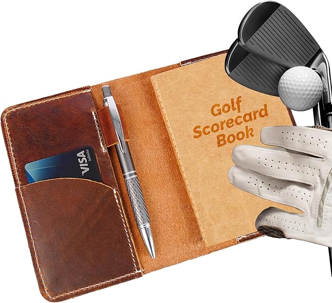 Refillable Golf Scorecard Holder–Full Grain Leather Golf Yardage Book Cover w/Golf Scorecard Book, Pencil Holder & Card Slot–Great Gift for Golfers-Unique Golf Gifts for Men & Women(Pen not included)