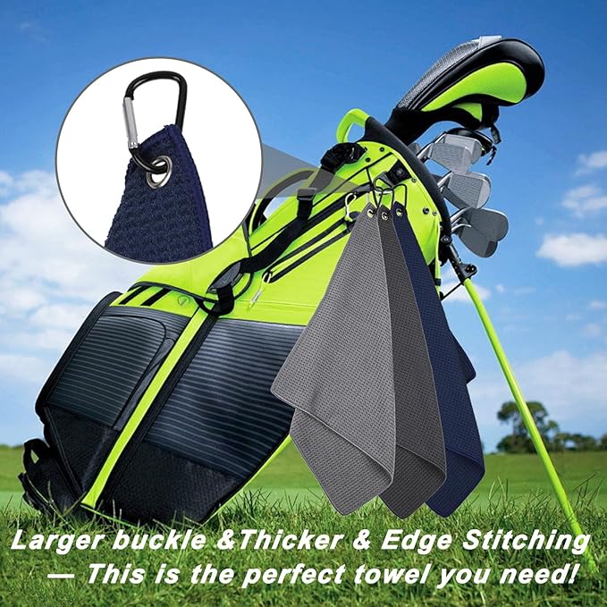 3 Pack 16" X 16" Golf Towels for Golf Bags, Premium Waffle-Pattern Golf Towel with Carabiner Clip, Super Absorbent Microfiber Towel, Golf Accessories for Men, Black-Blue-Gray Colors