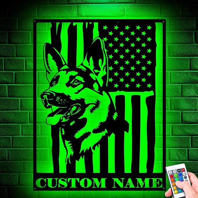Custom German Shepherd US Flag Metal Sign with LED Lights, Unique Wall Art for Home Decor, gift for Dog Lovers, Durable Hanging Decor for Indoor & Outdoor Spaces