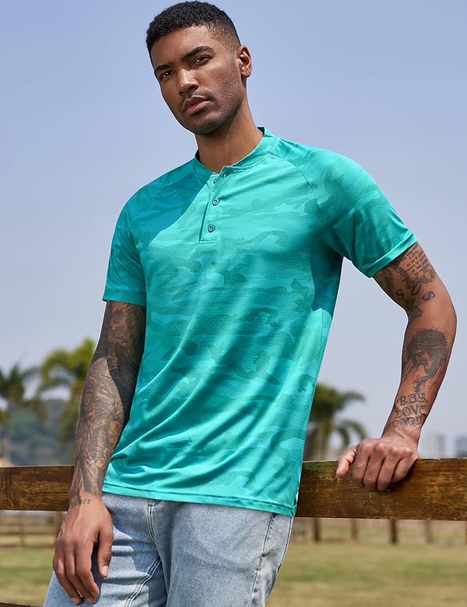 TAPULCO Mens Collarless Golf Shirts Short Sleeve Dry Fit Stretch Casual Breathable Lightweight Tshirts
