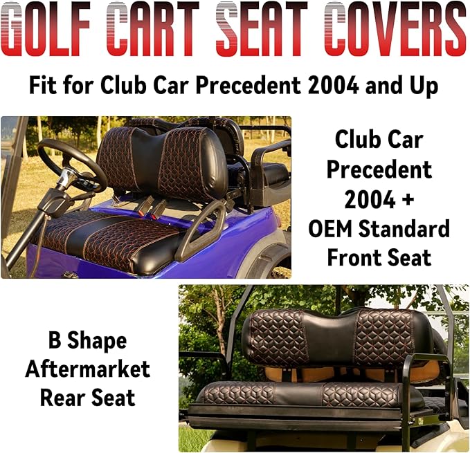 Golf Cart Seat Covers Front and Rear for Club Car Precedent 2004+ Standard Seat Cushion, EZGO Vinyl Leather Seat Cover Set Replacement Accessories, No Staples, Black(4 PCS)
