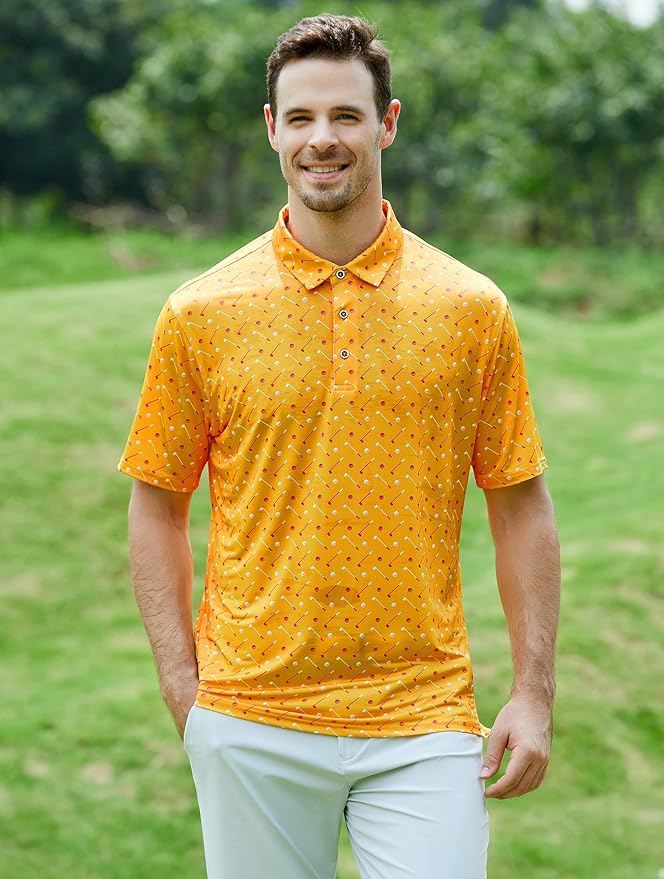 Esabel.C Golf Shirts for Men Dry Fit Performance Short Sleeve Print Moisture Wicking Collared Shirt