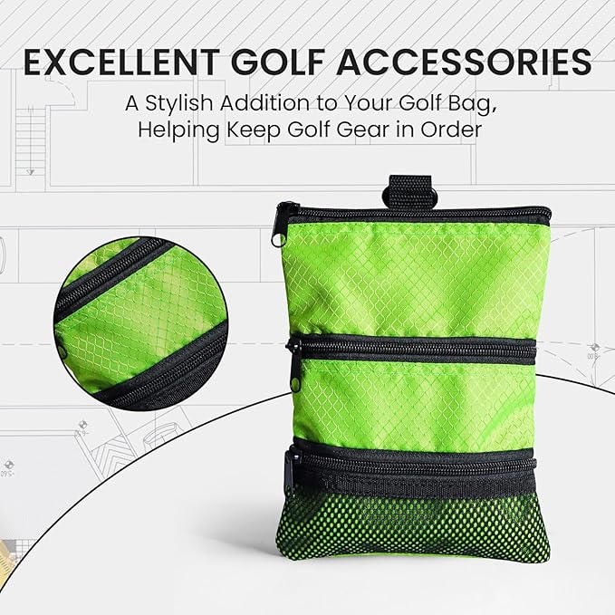 FINGER TEN Golf Pouch Bag for Valuables Tee Color with 4 Golf Pencil Pack, Zippered Pocket Gear Clip Hook to Bag