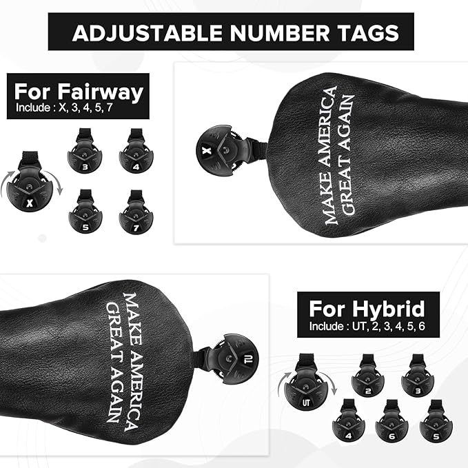 Golf Headcovers Golf Club Head Covers MAGA Style Elegant Embroidery Premium Leather Driver Fairway(FW) Wood Hybrid(UT) with Number Tags, 3 Wood Headcover Set