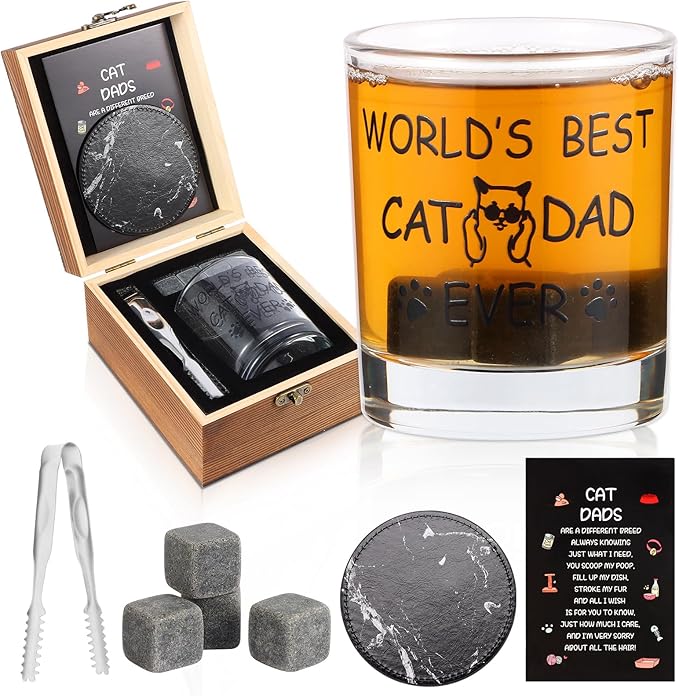 Cat Dad Gifts, Best Gift for Dad, Gift with 12oz Whiskey Glasses, Stones, Coaster, Wooden Box for Catfather