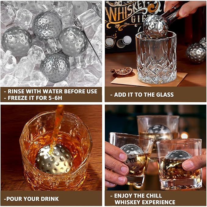 PONPUR Men's Golfer Gifts, Chirstmas Anniversary Birthday Gifts for Dad Him Husband, 4 Whiskey Golf Balls with 1 Tongs, Reusable Stainless Steel Golf Ice Balls Whiskey Gift for Golf Lover