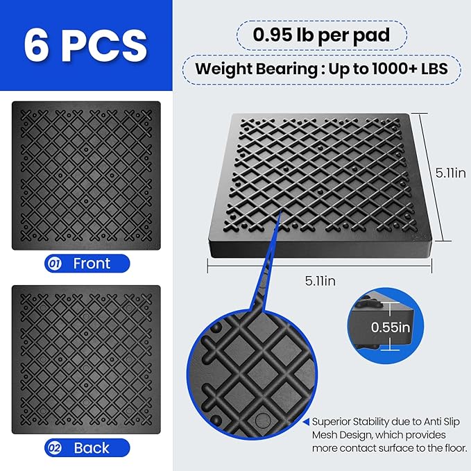 Exercise Equipment Mat 5.11x5.11x0.55in 6pcs, Heavy Duty Thick Steel Embedded Rubber Mat, Anti Slip/Noise Reduction/Vibration Resistance, Treadmills Equipment Pads, Used for Carpets, Wooden Floors