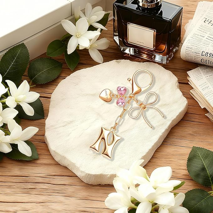 Gold Bubble Initial Keychain with Bow Decoration Bag Charms for Women, Cute Purse Handbag Accessories Gift