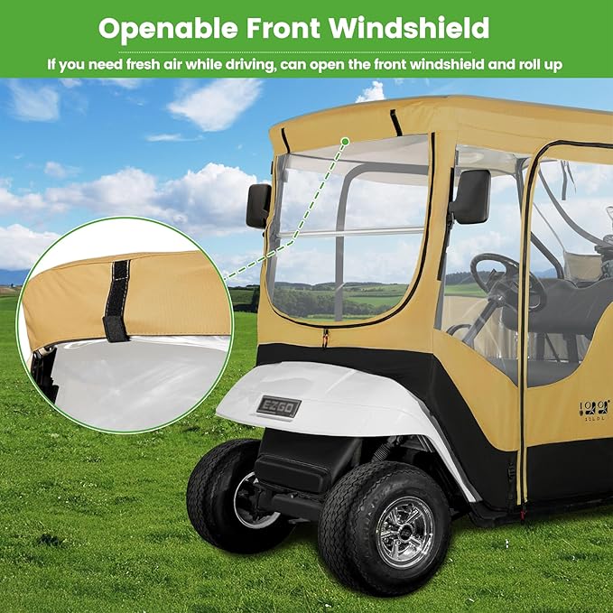 10L0L Golf Cart Enclosure Fit for 2 Passengers EZGO TXT RXV,600D Waterproof Snowproof Golf Buggy Keep Warm Cover, 2 Door Zippers 4-Side Clear Window and 4 Windproof Hooks Golf Cart Rain Cover, Black