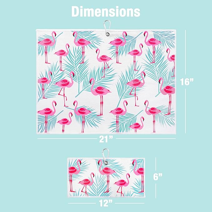 Microfiber Golf Towels for Golf Bags & Carts - Premium Weave Waffle & Ball Towels with Carabiner Clip, Essential Accessories for Men, Women and Kids, Golfer Gifts, Set of 2 (Flamingo Tropics)