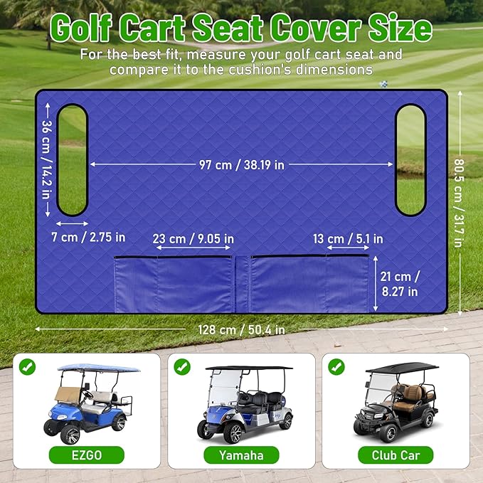 Kaskawise Golf Cart Seat Covers,Universal Golf Cart Seat Towel Blanket with 4 Front Pockets & Nonskid Bottom Fits for EZGO, Yamaha, Club Car DS Precedent and More 2 Person Seats Golf Carts (Navy Blue)
