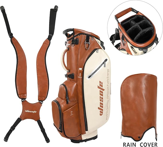 Lightweight 14-Way Golf Stand Bag, PU Leather Golf Bag Waterproof Men Women Full Length Top Dividers, Multiple 8 Pockets Cooler Pouch Adjustable Detachable Shoulder Dual Straps Rain Cover Hood