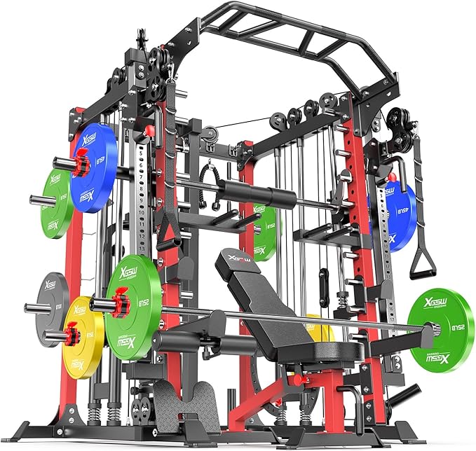 Smith Machine，Multi-Function Squat Rack Power Cage with Cable Crossover System,with Optional Weight Bench, Olympic Barbell Weight Set, for Home Gym