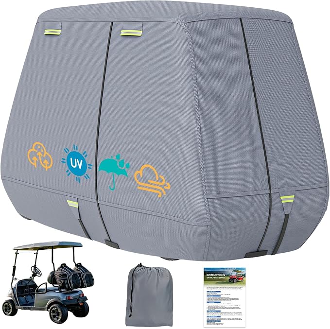 800D Waterproof Golf Cart Cover 2/4/6 Passenger, Heavy Duty Solution-Dyed Polyester UPF 50+, Universal Fits for EZ GO Yamaha Club Car (Gray, Fit for 2 Passenger Cart)