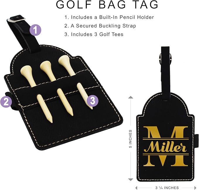 Custom Engraved Golf Luggage and Bag Tag - Personalized Golfing Accessories Gift for Golfer, Mom, Dad, Him, Her (Black with Gold)