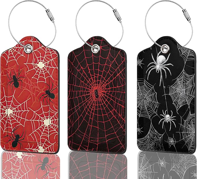 Set of 3 Luggage Tags,Spider Leather Suitcases Tag Identifiers with Privacy Name Address Labels & Durable Steel Loop for Women Men Travel