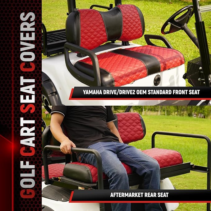 Golf Cart Seat Covers Front and Rear Waterproof and Sun Resistant Marine Grade Vinyl Leather Seat Cover Accessories for Yamaha Drive 2007-2016/Drive 2 2017+, Deep Red(4PCS)