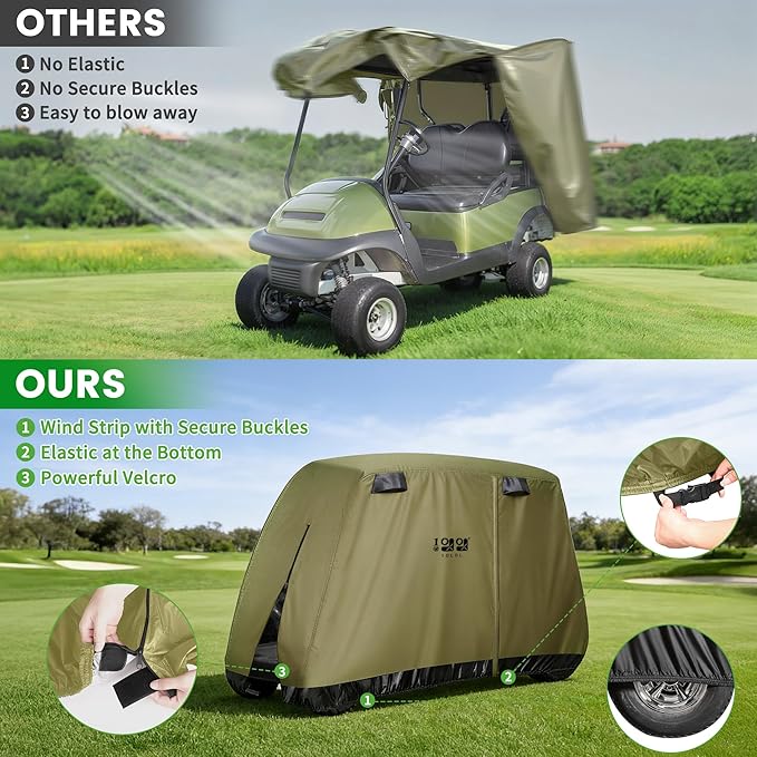 10L0L Golf Cart Cover 2/4/4+2 Passenger for Yamaha EZGO Club Car, Heavy Duty 420D Waterproof Windproof Durable Polyester Golf Cart Cover with 3 Zipper Doors for All-Weather Protection (Black/Silver)