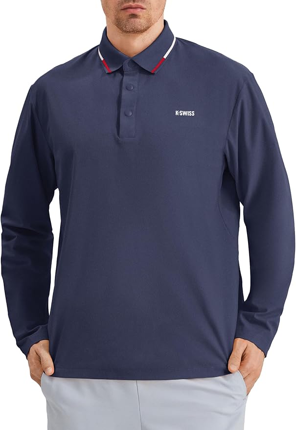 K-Swiss Men's Long Sleeve Polo Shirts - Golf Tennis Dry Fit Performance Moisture Wicking Casual Collared