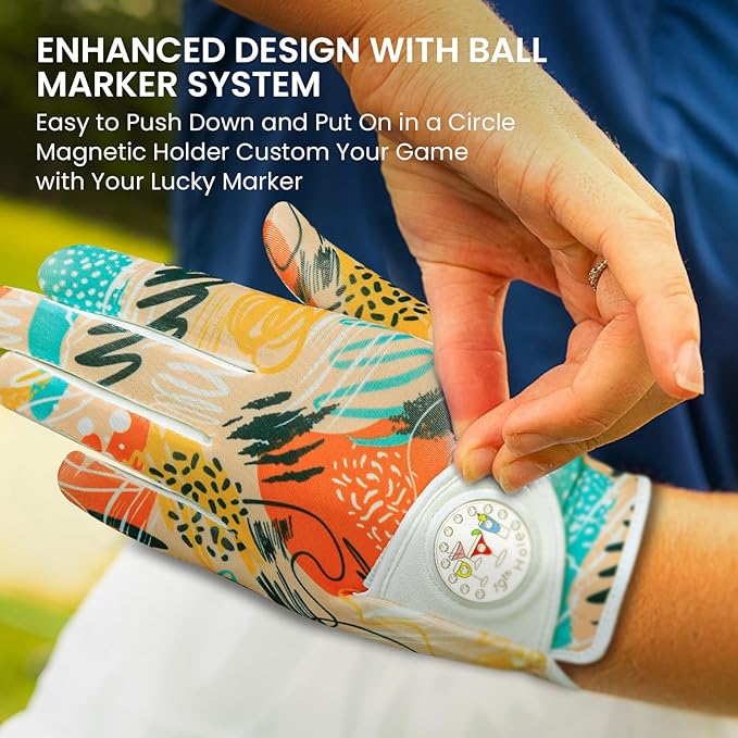 FINGER TEN Stylish Golf Gloves Women with Ball Marker 1 Pack for Left or Right Hand, Breathable Glove with Fashion Patterns for Ladies Right Left Handed Golfer