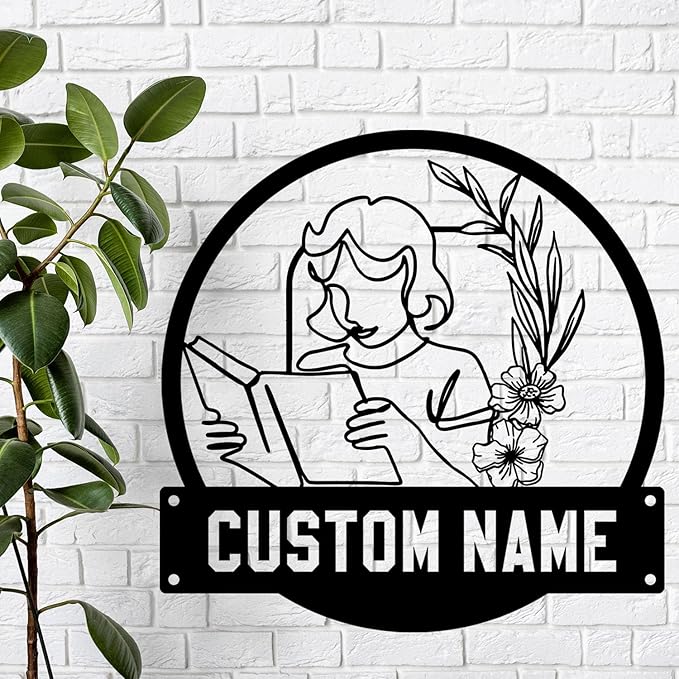 Custom Floral Women Reading a Book Metal Sign, Unique LED Home Decor Wall Art, Personalized Gift for Book Lovers, Elegant Hanging Decoration for Library, Living Room, or Bedroom