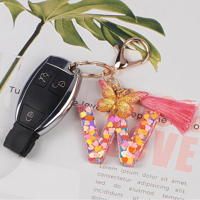 Suweibuke Colourful Cute Initial Letter Keychains for Women Girls with Tassel Butterfly, Charm for Purse Handbags Backpacks