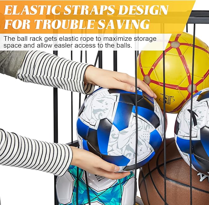 Garage Ball Storage Wall-Mounted & Floor Sports Equipment Organizer: Sports Ball Rack with Elastic Rope, Holder for Basketball, Soccer, Volleyball, Football, Garage, Gym, Black(Patent Pending)
