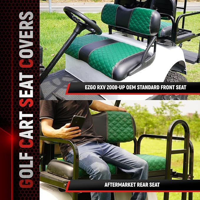Golf Cart Front and Rear Seat Covers Waterproof and Sun Resistant Marine Grade Vinyl Leather Seat Cover Accessories for EZGO RXV 2008+, Green(4PCS)