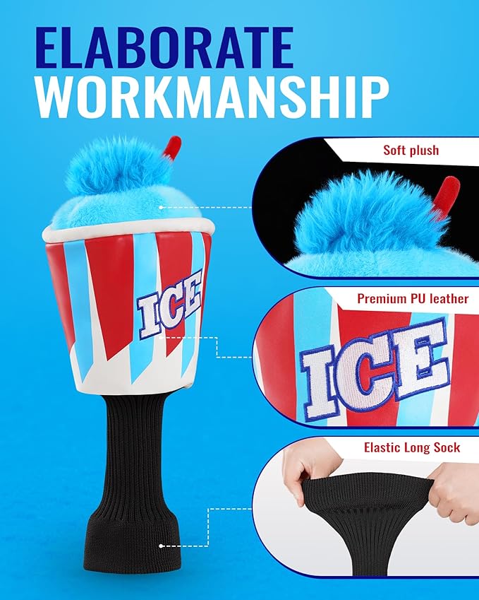 Big Teeth Driver Headcover Ice & Birdiee, Driver Covers for Golf Clubs, Funny Birdie Putter Cover,Milk Shake Ice Cream Mallet Putter Cover,Blue and Red Color