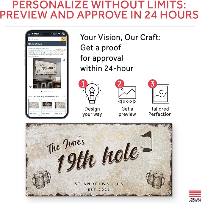 TAILORED CANVASES Golf Art Decor - Personalized Vintage Golf Wall Art Sign for Man Cave, Bedroom, Basement, Home Bar and Custom Gift for Husband, Dad, Wedding & Anniversary - 19th Hole Sign, 20"x10"