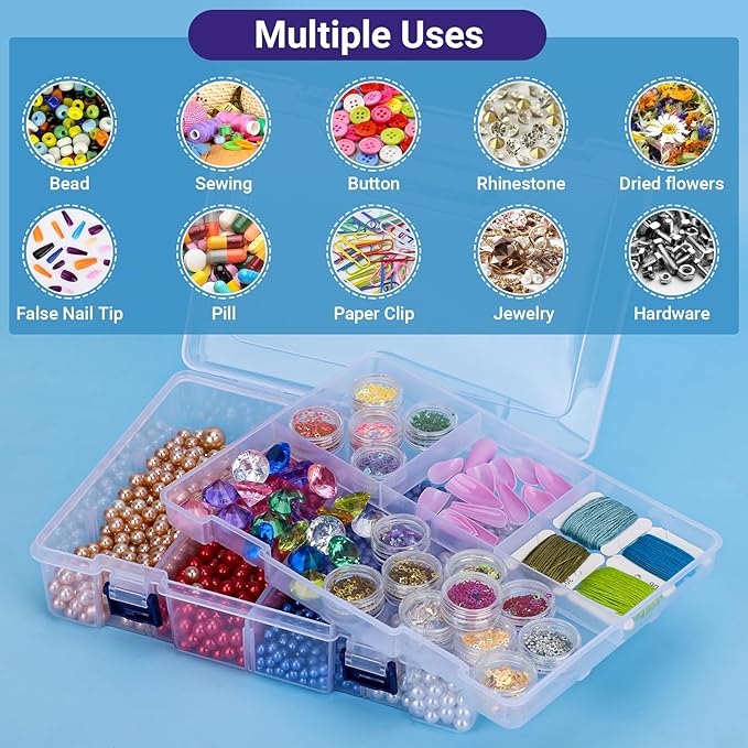Large Bead Organizer Box, 8 Compartment Craft Storage Container with Removable Divider, Plastic Empty Case for Jewelry Rhinestone Charms Crystal Press On Fake Nail, Hair Stuff Small Accessory