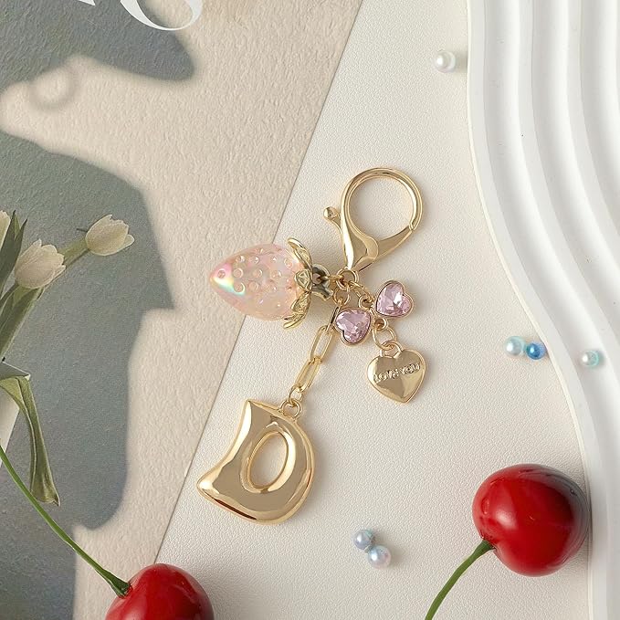 Snycler Bubble Initial Keychain with Strawberry & Bow- Gold Letter Bag Charms for Women, Cute Purse Handbag Accessories
